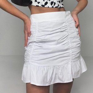 Missguided Ruched High Waist with Frill Hem Cotton Poplin Mini Skirt in White